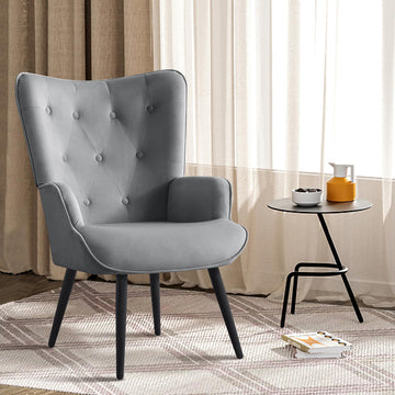 Grey Velvet Accent Chair Mid Century Modern Living Room Chairs; Comfy Armchair Leisure Vanity Guest Wingback Chair