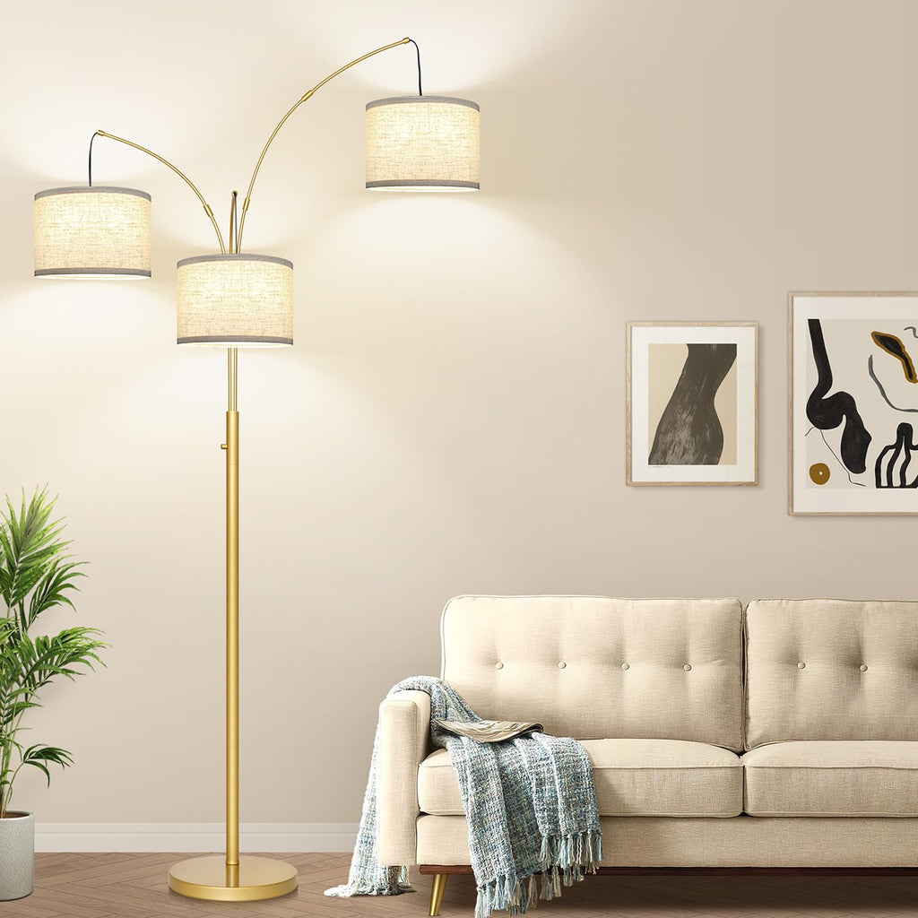 Dimmable Floor Lamp, 3 Lights Gold Arc Floor Lamp, Modern Tall Standing Tree Lamp with White Linen Shades & Heavy