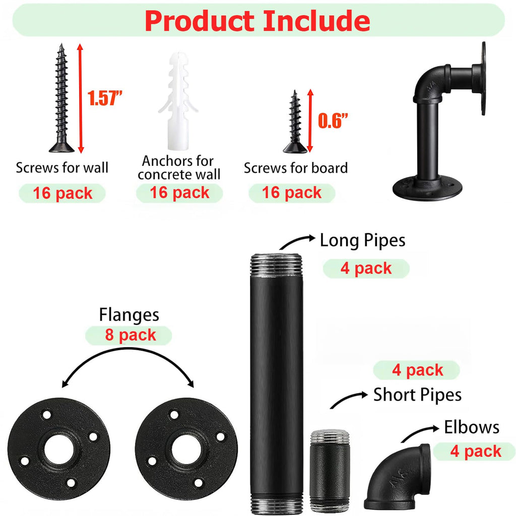 Industrial L Pipe Shelf Brackets for 8-16 in Depth Wood, 7.5In 4 Pack