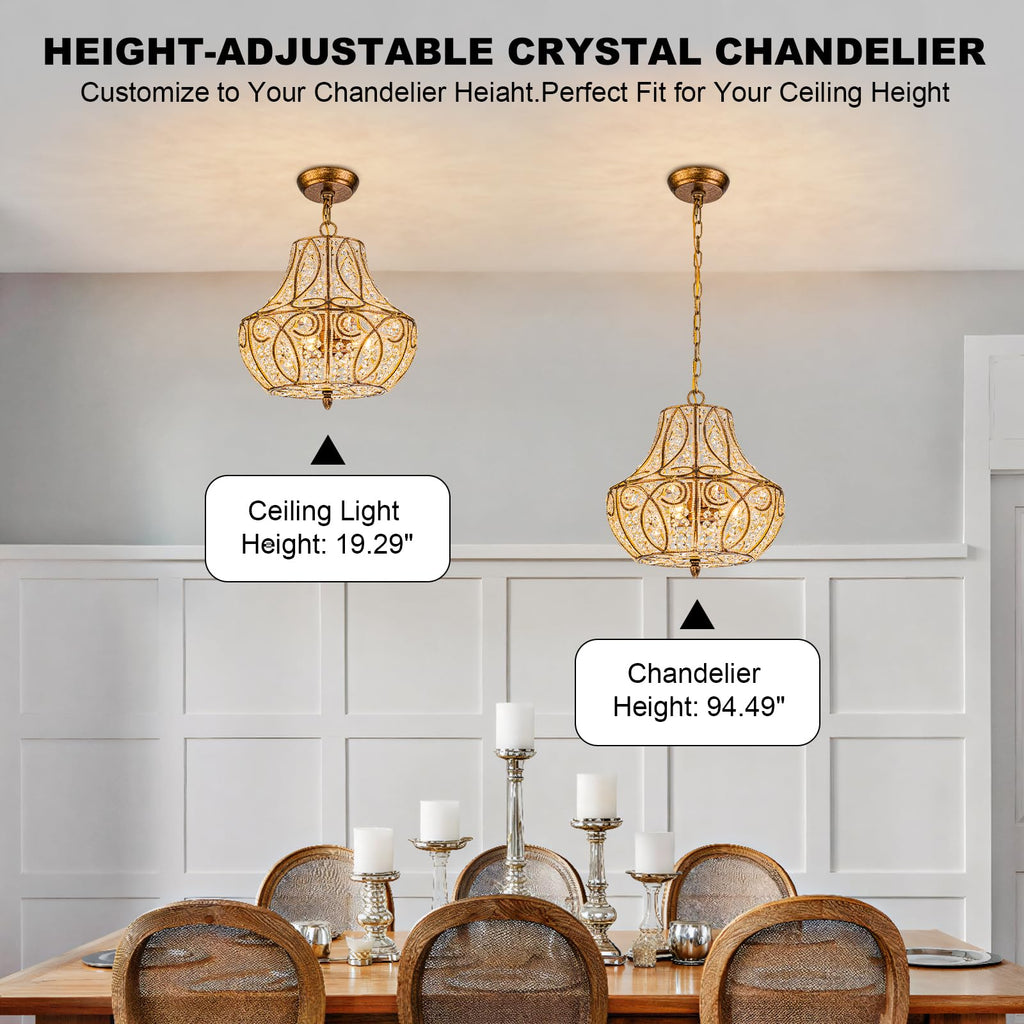 Antique Gold Gourd Beaded Chandelier, 13" Vintage Crystal Light