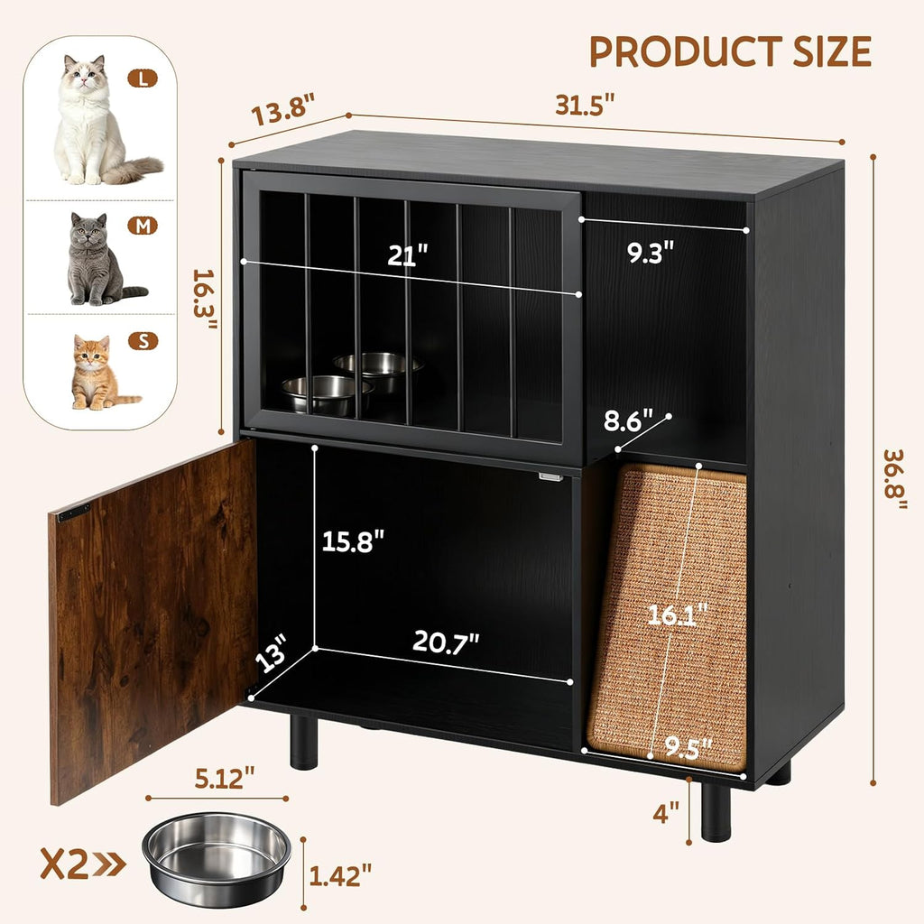 Dog Proof Cat Feeding Station with Storage Cabinet, 2 Raised Stainless Steel Bowls, Elevated Cat Feeding Station