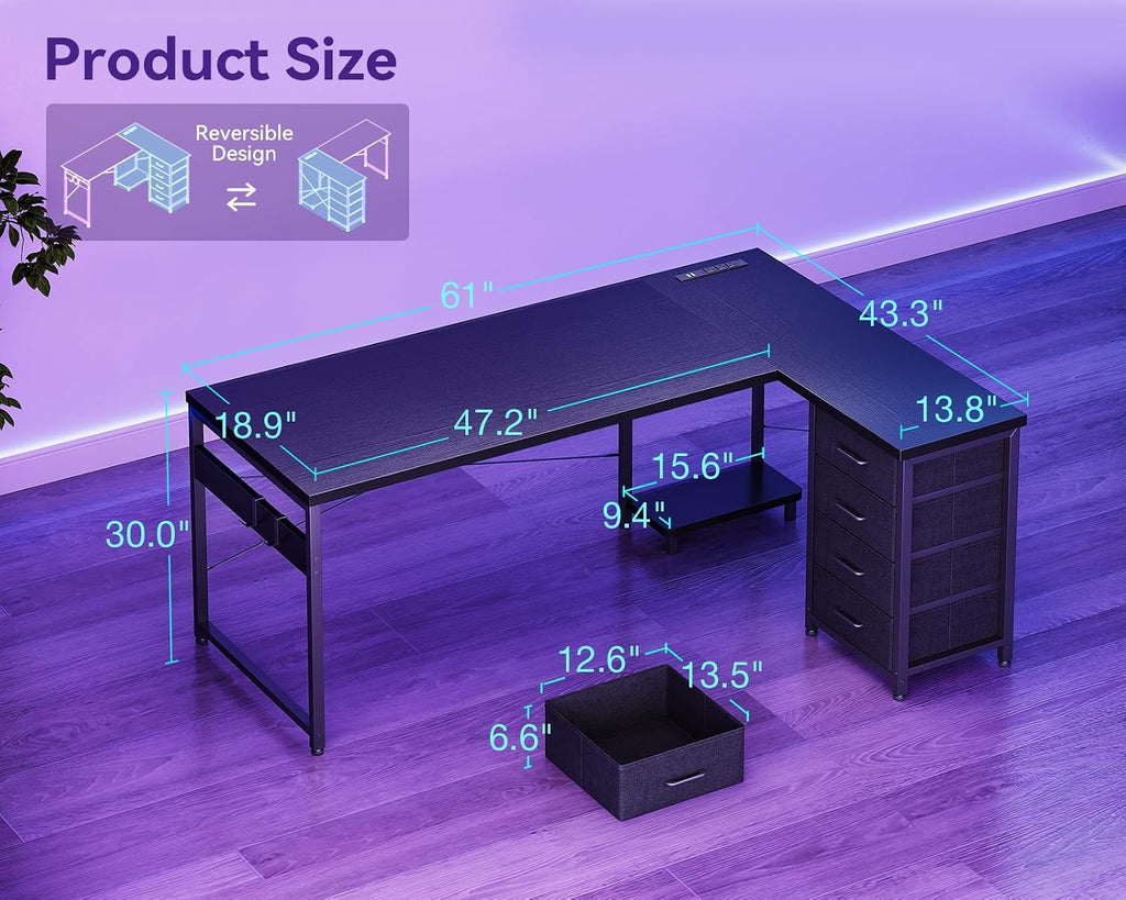 61" L Shaped Gaming Desk with 4 Drawers and Power Outlets, Black | USB Ports, PC Tower Stand, Hooks, Reversible