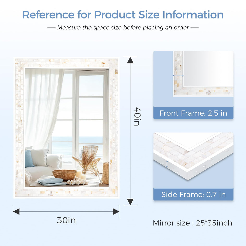 White Bathroom Mirror 30x40 Inch, Natural Shell Framed Wall Mirrors
