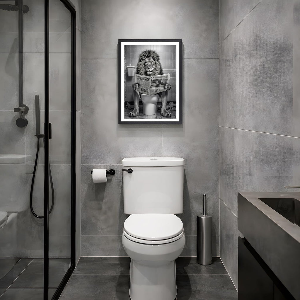 Wood Framed Funny Lion Bathroom Wall Art, Lion Reading Newspaper Toilet Wall Decor, Black and White Bathroom Canvas
