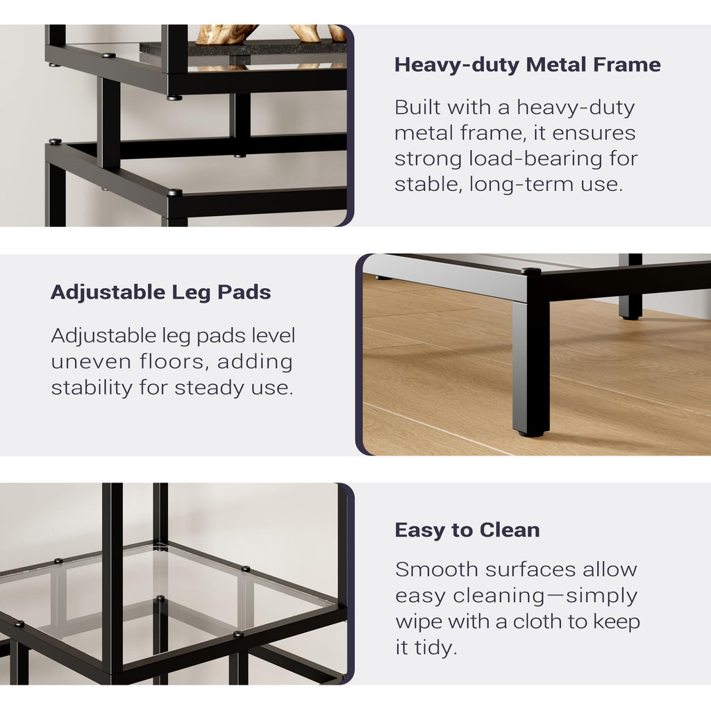 4 Cube Glass Shelf, 4-Tier Bookshelf, Display Shelf Rack, Metal Storage Rack with Tempered Glass, Modern Style, Black