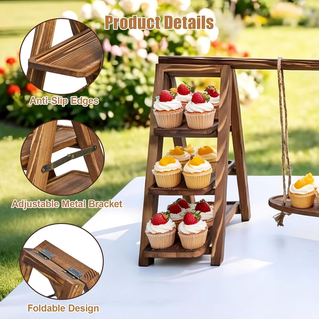 3 Tier Cupcake Stand with Swing, Wooden Cupcake Stand, Swing Cupcake Stand with Removable Serving Platter and