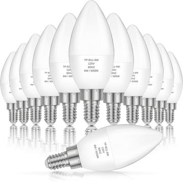 E12 LED Candelabra Light Bulbs 60W Equivalent, 6W 5000K Daylight White, 600LM 85+ CRI Chandelier Bulbs, B11 Candle