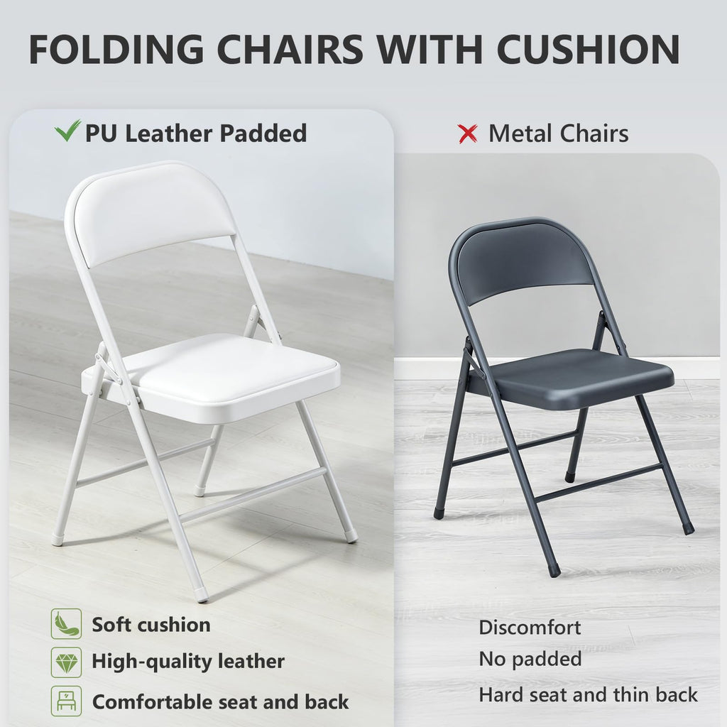 Padded Folding Chairs 4 Pack, PU Leather Folding Chairs for Outside and Indoor, Heavy Duty Portable Foldable Metal