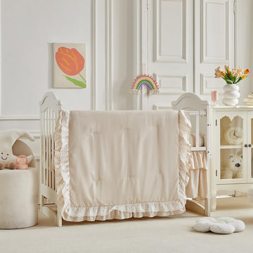 Ruffled Crib Bedding Set Floral Design 3 Pieces Baby Boho Quilted Comforter with Fitted Sheet and Bed Skirt - Cute