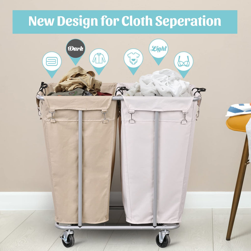 2-Section Rolling Laundry Sorter, Oat and White