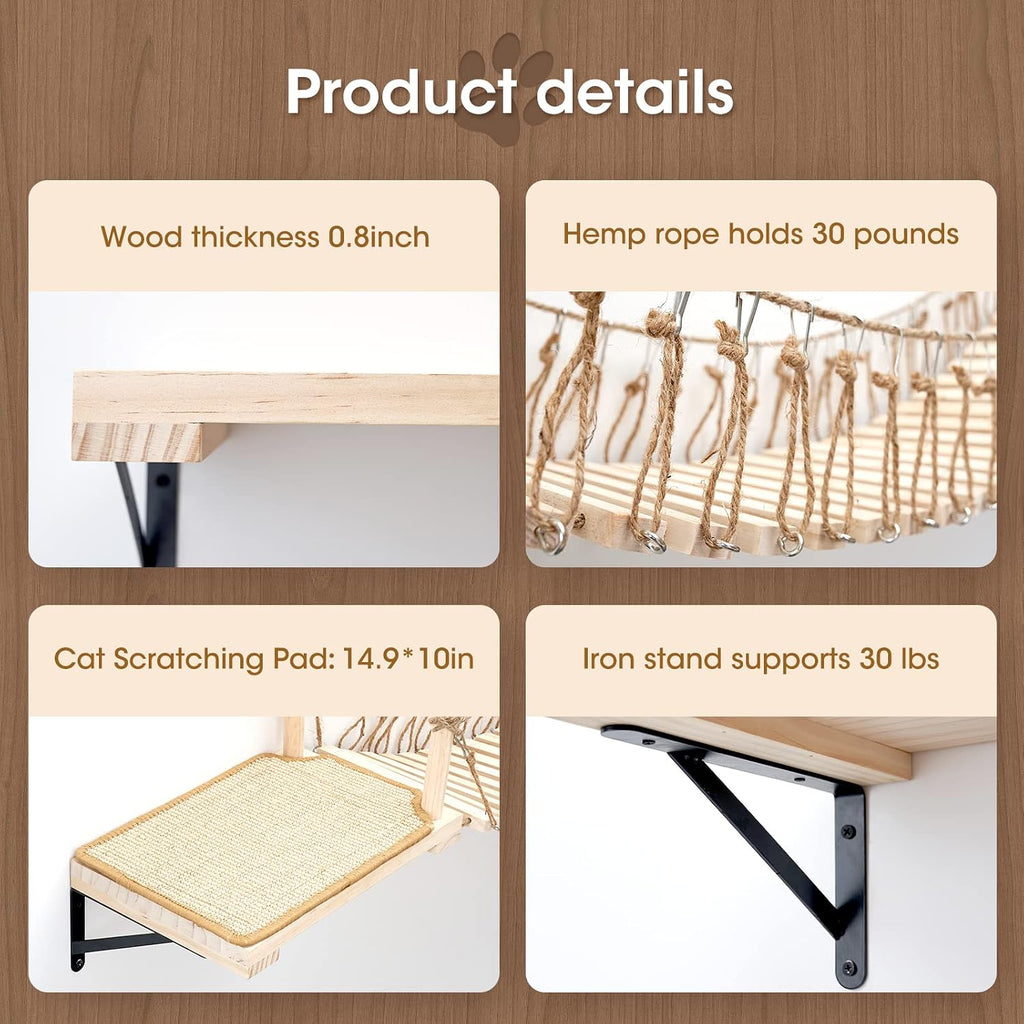 Wall-Mounted Cat Roped Bridge Long for Indoor Cats, Cat Wall Shelves for Sleeping, Playing, Climbing, Wooden Cats Bed