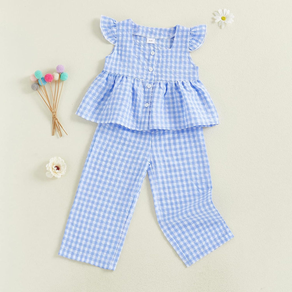 Girls Summer Outfits Ruffle Sleeve Button Up Dress Tops Plaid Linen Pants Spring Toddler Girl Clothes