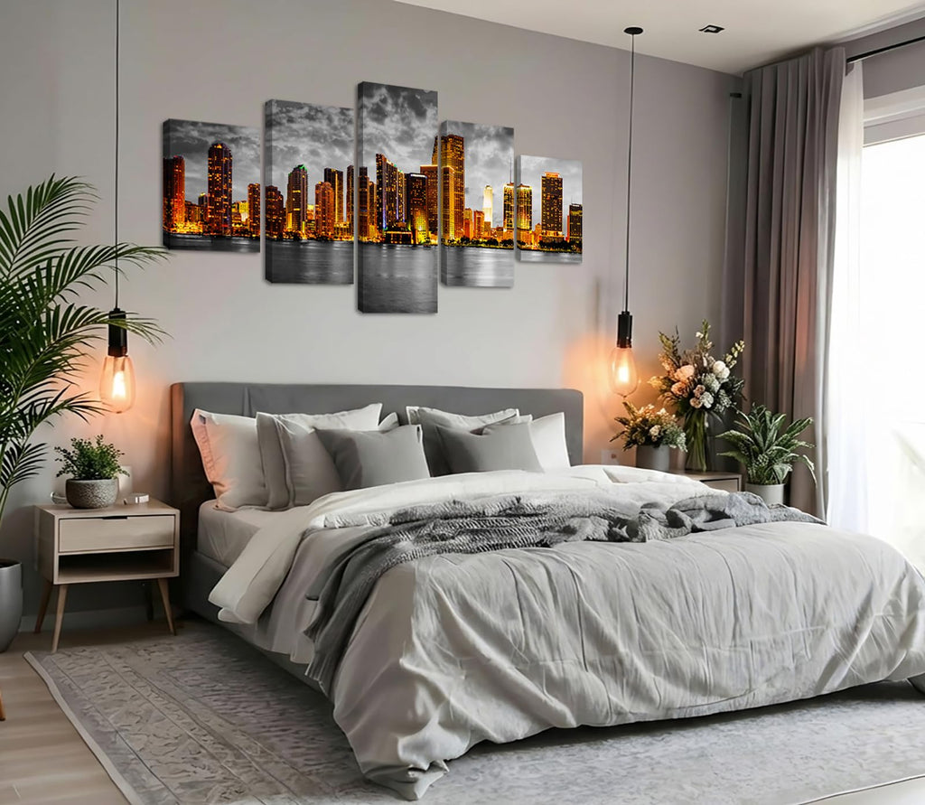 Miami Skyline Wall Black and White Panoramic City Night Canvas Prints