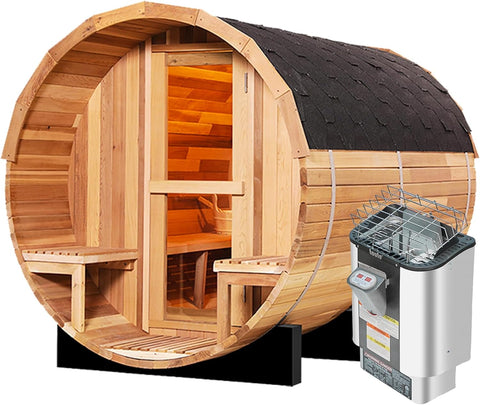 6-8 Person Outdoor Barrel Sauna,Canadian Cedar Wooden Saunas Kit with Porch,6KW TOULE Electric Stove Steam Sauna Room