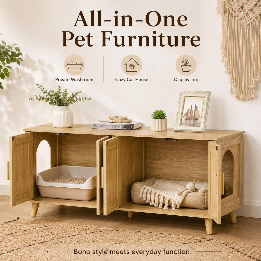 Boho Cat Litter Box Enclosure for 2 Cats, Natural