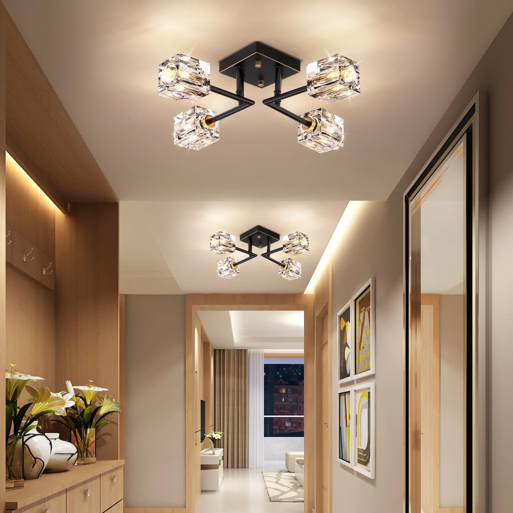 Modern Crystal Ceiling Light, Semi Flush Mount Ceiling Light Fixture with 4-Lights, Black and Gold Sputnik Chandeliers