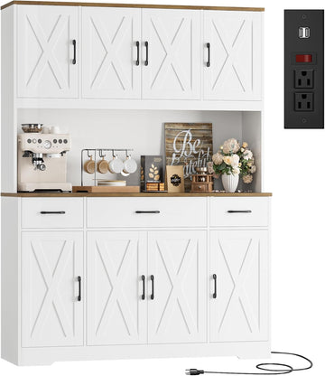 71" Tall Kitchen Pantry Storage Cabinet, 55" W Kitchen Hutch, White | Large Pantry Cabinet with Charging Station /