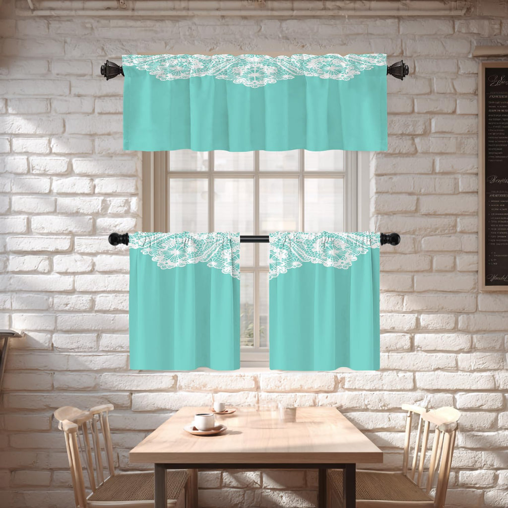 Robin's Egg Blue Turquoise Blackout Short Curtains for Windows, White Floral Lace Pattern Kitchen Valance Thermal