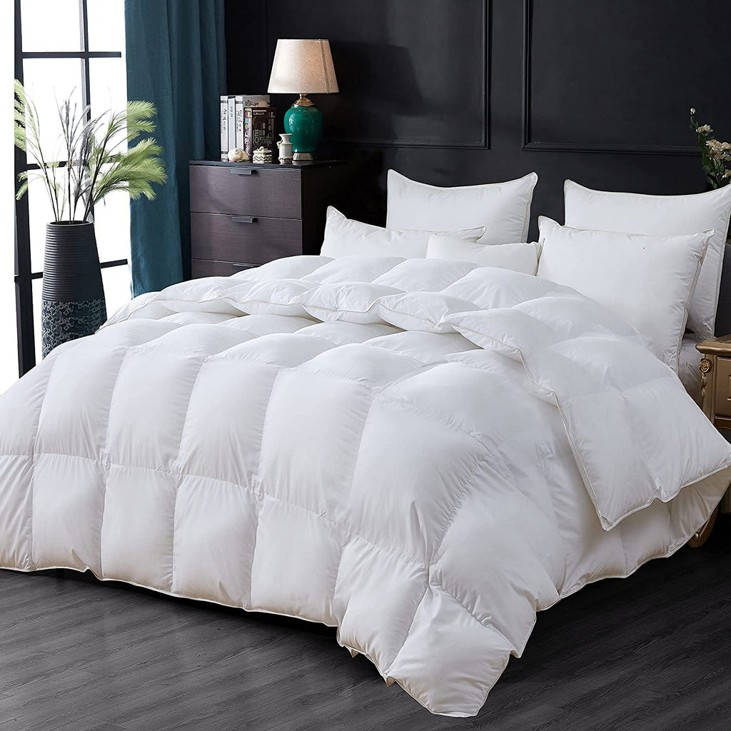 Luxurious Goose Down Feather Fiber Comforter Duvet Insert, Plain Solid Design, White 108 x 98, Premium Baffle Box