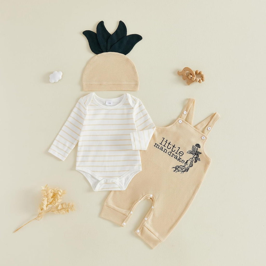Newborn Baby Boy Fall Outfit Long Sleeve Striped Romper Top Letters Embroidery Waffle Knit Overalls Pants Hat Set