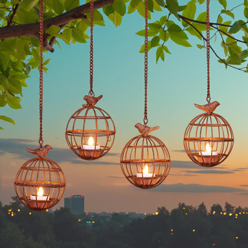 Outdoor Solar Hanging Lantern Lights, 4 Pack Rustic Ball Birdcage Hanging Candle Holder with Solar Tea Lights