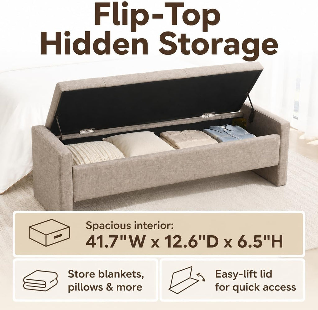 47.25 Inch Storage Ottoman Bench, Linen Upholstered, Grey Brown | End of Bed Storage Bench, Entryway Shoe Bench and