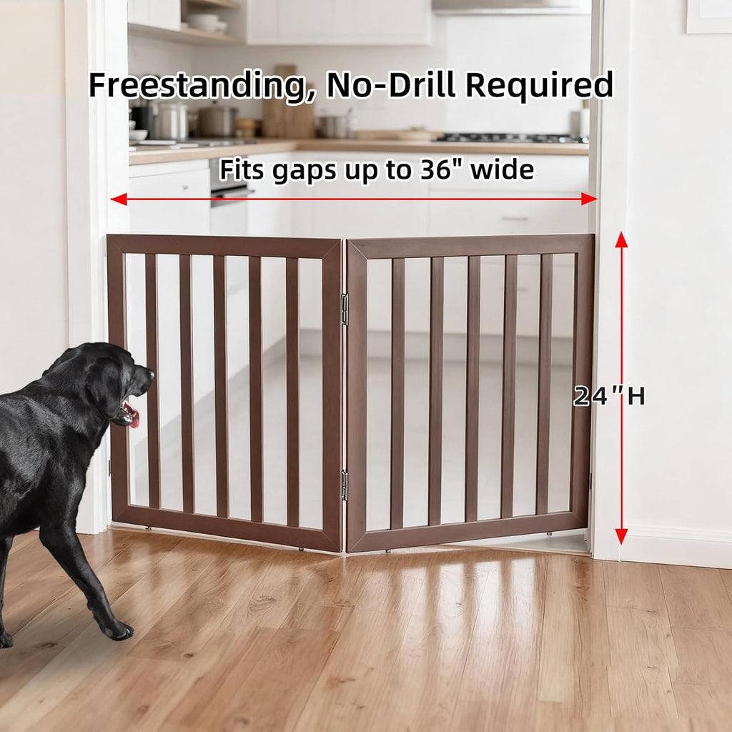 Freestanding Indoor Dog Gate Foldable Wood Brown Puppy Gate for Doorways Pet Gate for Stairs Extra Wide Pet Fence 24"