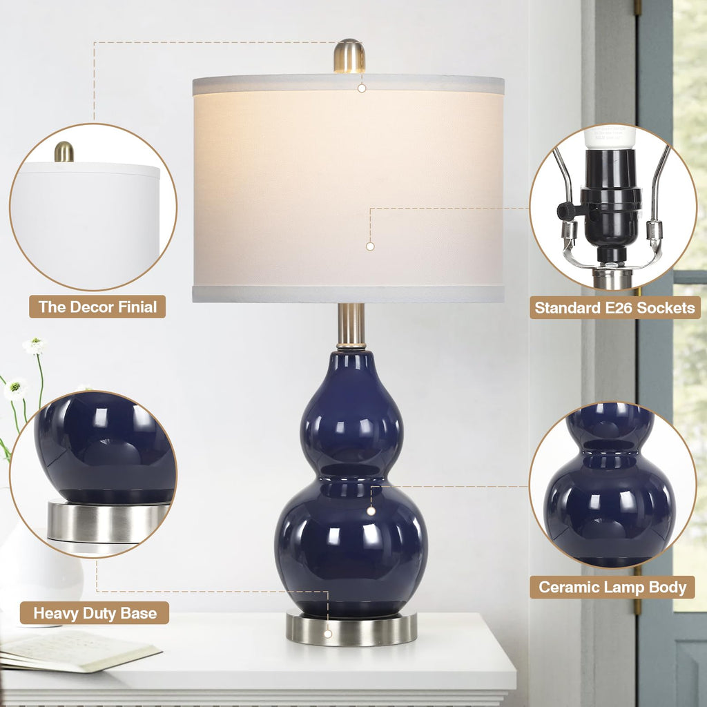 Double Gourd Ceramic Table Lamps Set of 2, Modern Navy Blue Bedside Lamps for Night Stand, Contemporary Nightstand