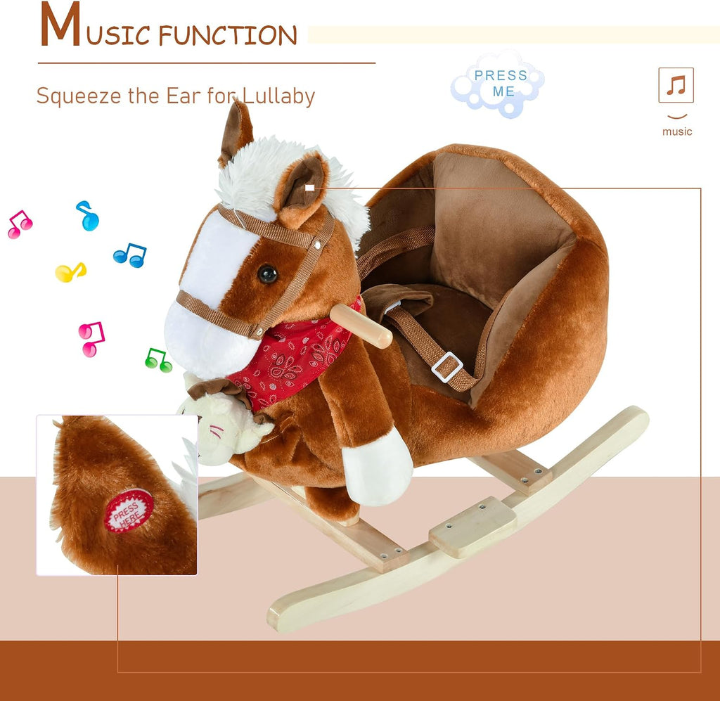 Kids Ride-On Rocking Horse Toy with Lullaby Song 18-36 Months Brown