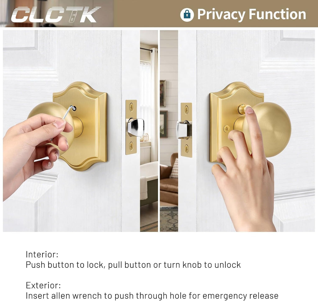 Satin Brass Door Knobs Interior with Lock, Vintage Brushed Gold Privacy Round Door Knobs Door Handles Bathroom, Zinc