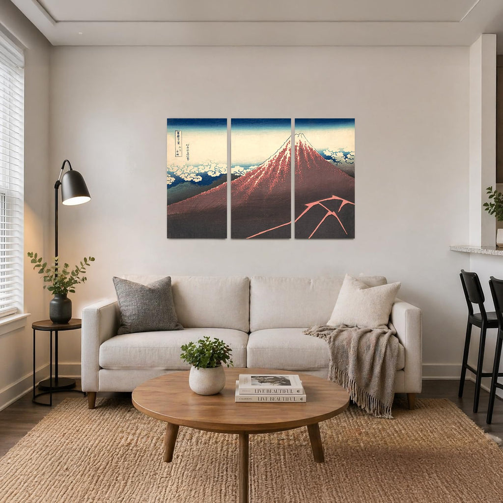 Japanese Wall Art, Black Fuji Hokusai Storm 3 Piece, 36x24''