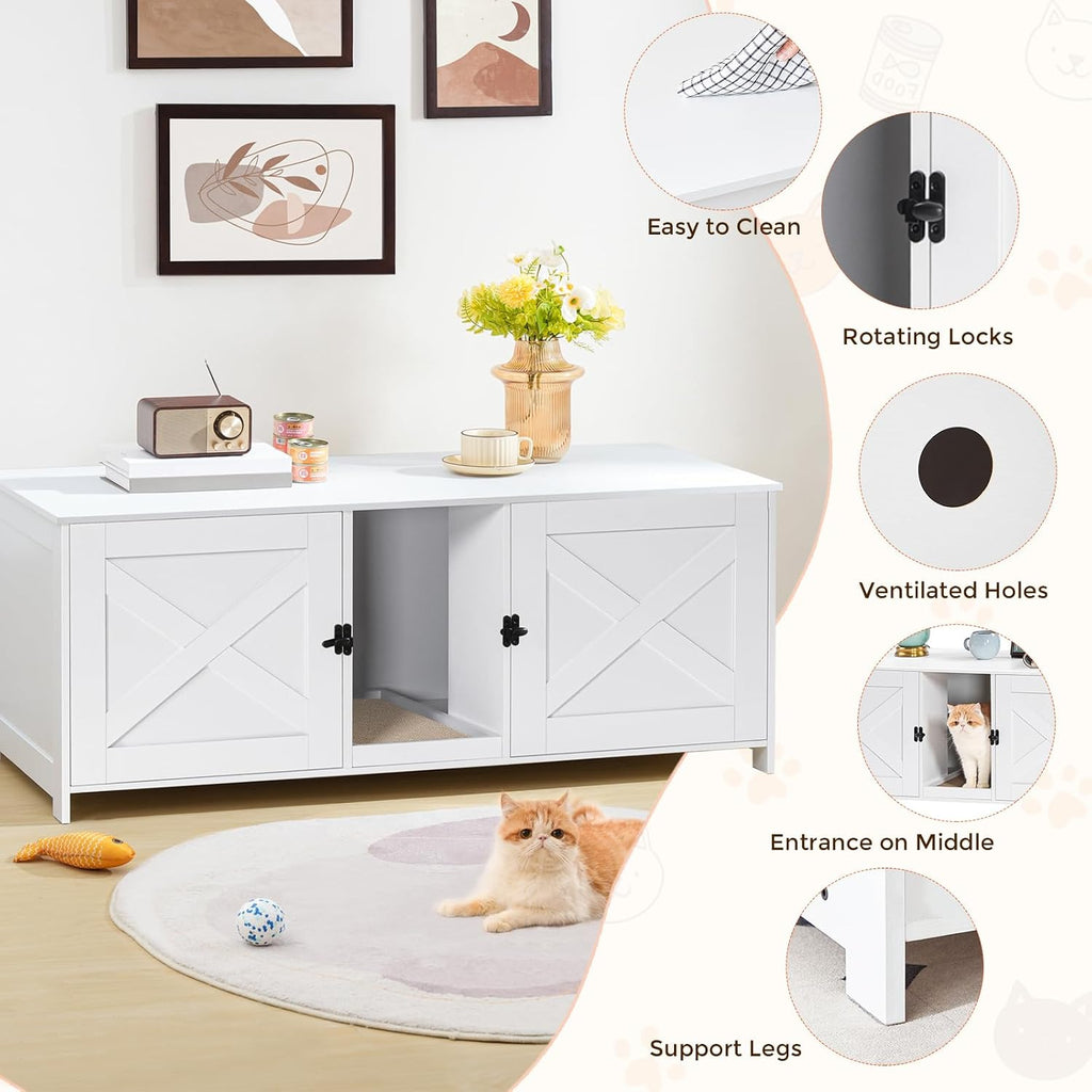 Cat Litter Box Enclosure for 2 Cats, 47.2" Hidden Litter Box Furniture with Double Room, Wooden Cats Washroom
