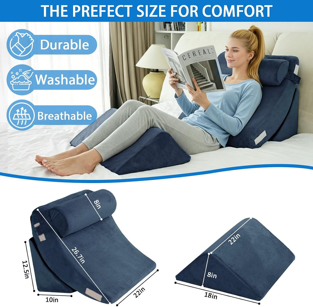 SlumberSlope 4PCS Orthopedic Bed Wedge Pillow Set Triangular Support Pillow Adjustable Foam Bed Wedge Pillow for