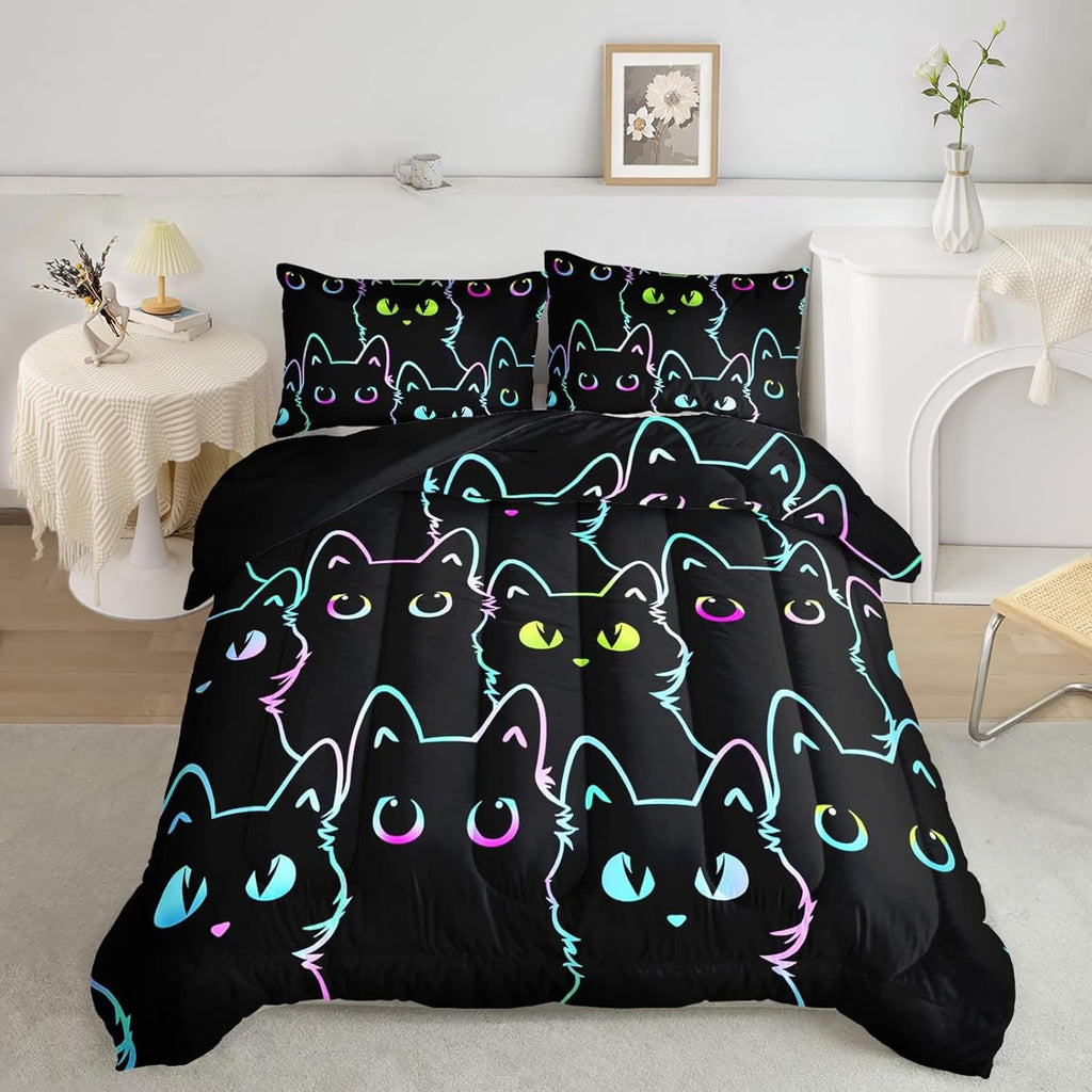 Kids Bedding Cartoon Cat Comforter Set Twin,Gradient Line Cute Cat Bedding Set for Teens Boys Girls Adults Room