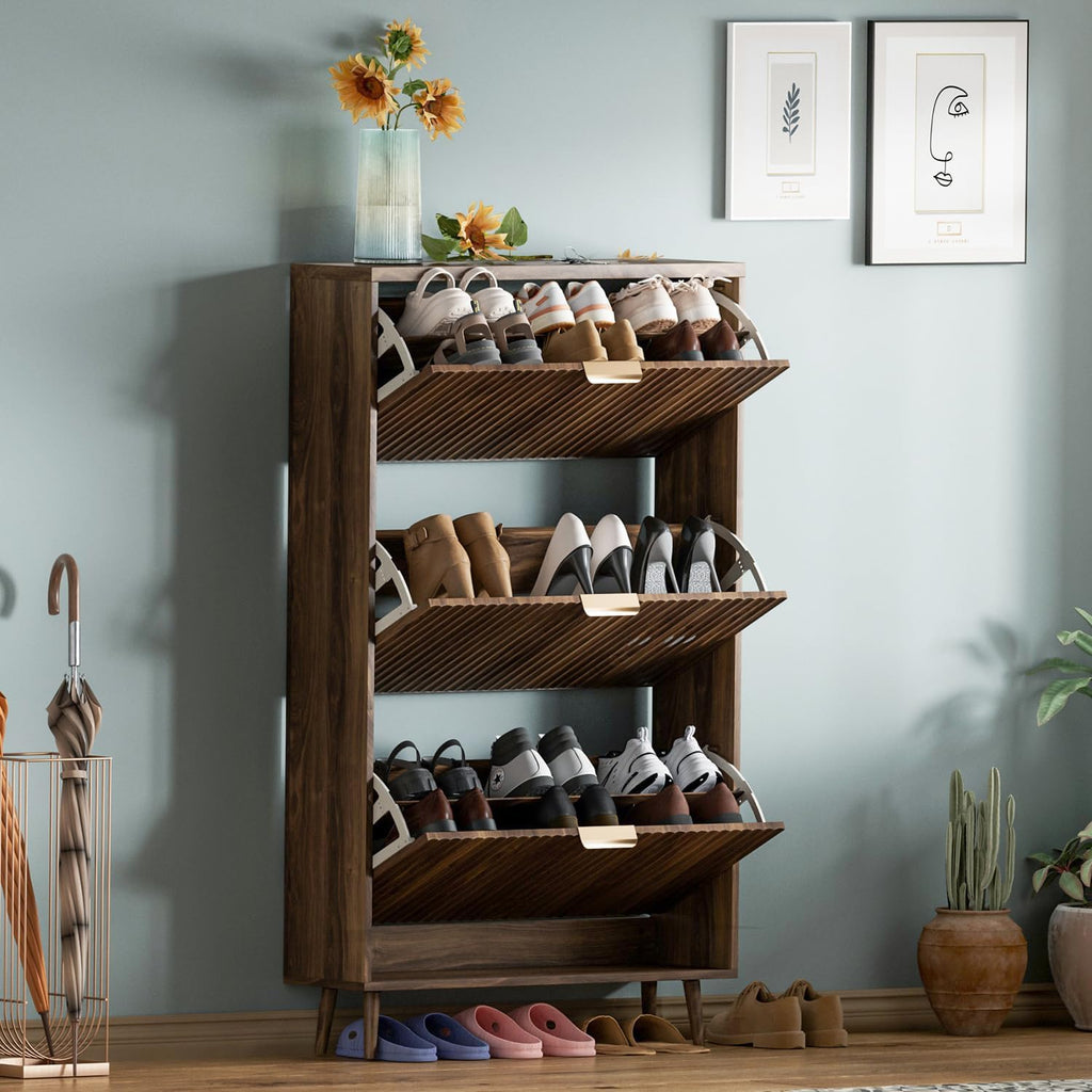 Shoe Cabinet Storage,Modern Freestanding Organizer with 3 Flip Drawers,Narrow Shoe Rack Cabinet ,Walnut