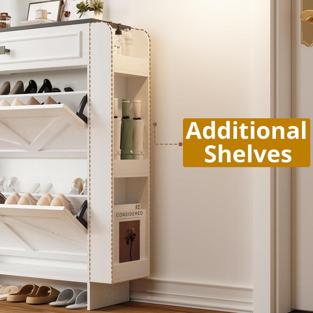 Shoe Storage Cabinet with 2 Flip Drawers & Barn Door, White/Black