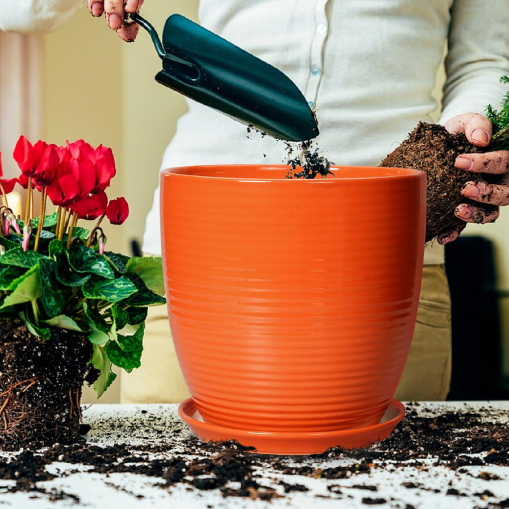 12 Inch Plant Pot, Ceramic Planters for Plants with Drainage and Saucer, Orange
