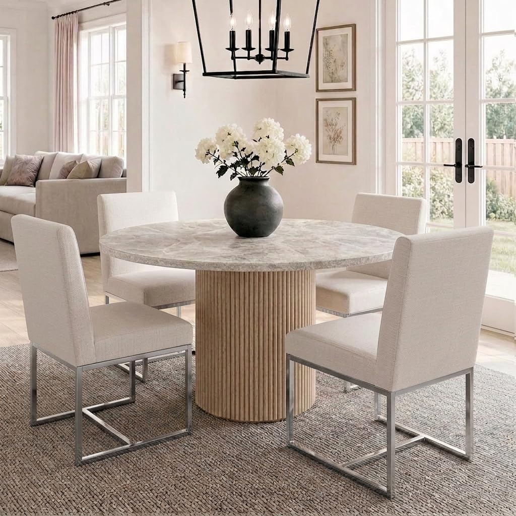 Modern Dining Chairs Set of 4, Upholstered Linen Dining Room Chairs with Ergonomic Back & Polished Silver Metal Frame