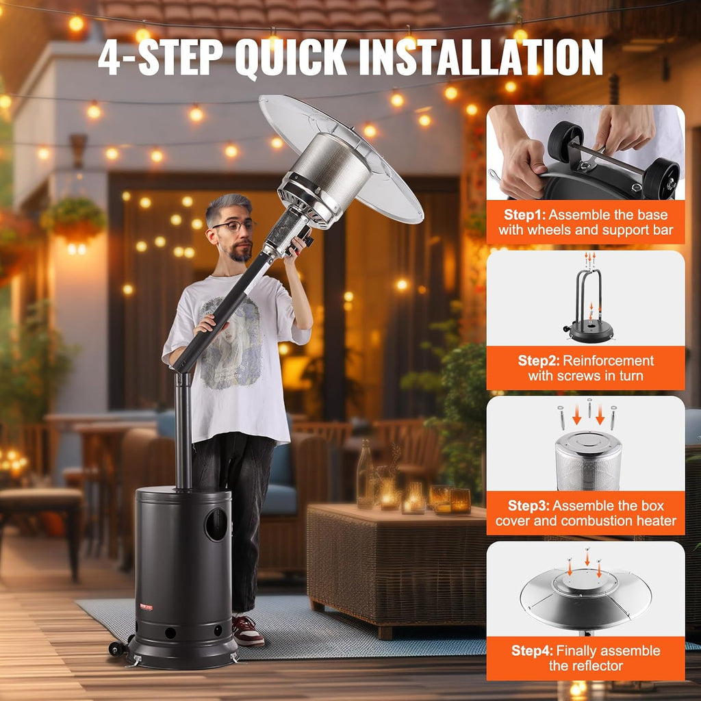 50000BTU Propane Patio Heater for Outdoor Use With Round Table Design, Metal Burner and Wheels - Tall Hammered Flame
