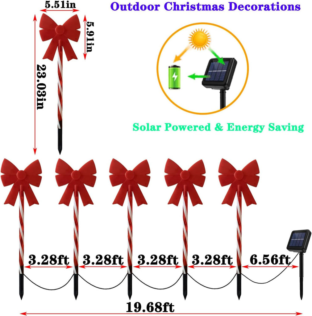 Outdoor Christmas Decorations Solar Pathway Lights, Set of 5 Red Bow Candy Stake Lights, Waterproof Solar Christmas