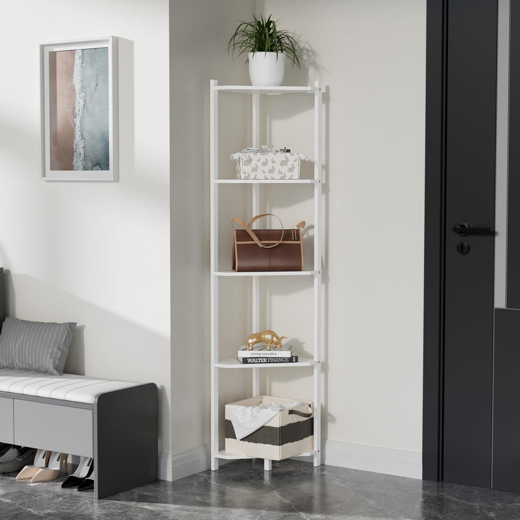 Bamboo Tall Corner Shelf Stand, 5-Tier White Corner Bookshelf