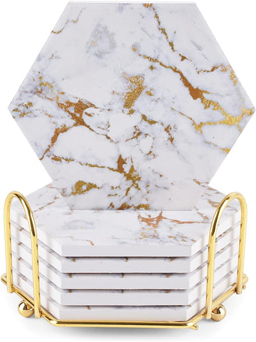 Marble Gold Coasters for Drinks Absorbent with Cork Base, Drink Coasters for Wooden Table with Metal Holder - Set of 6