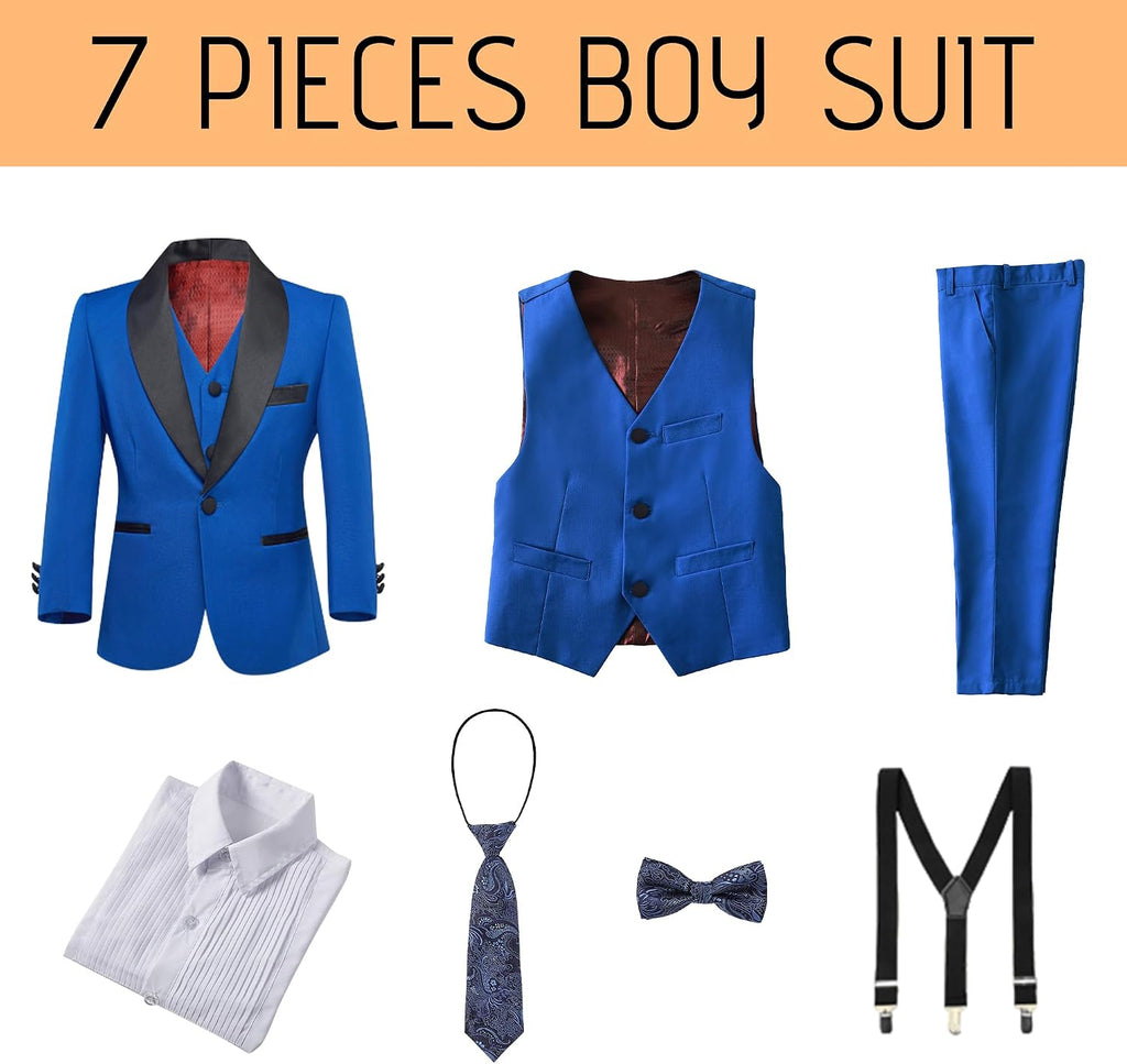 Boy's Formal Suit 7 Piece Slim Fit Tuxedo for Kids Teen Boys