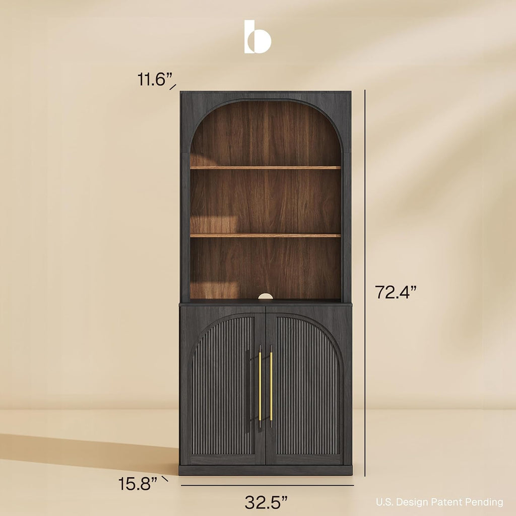 Tall Arched Storage Cabinet with Hutch,Modern Bookcase with Drawers,Freestanding Display Shelf with Fluted