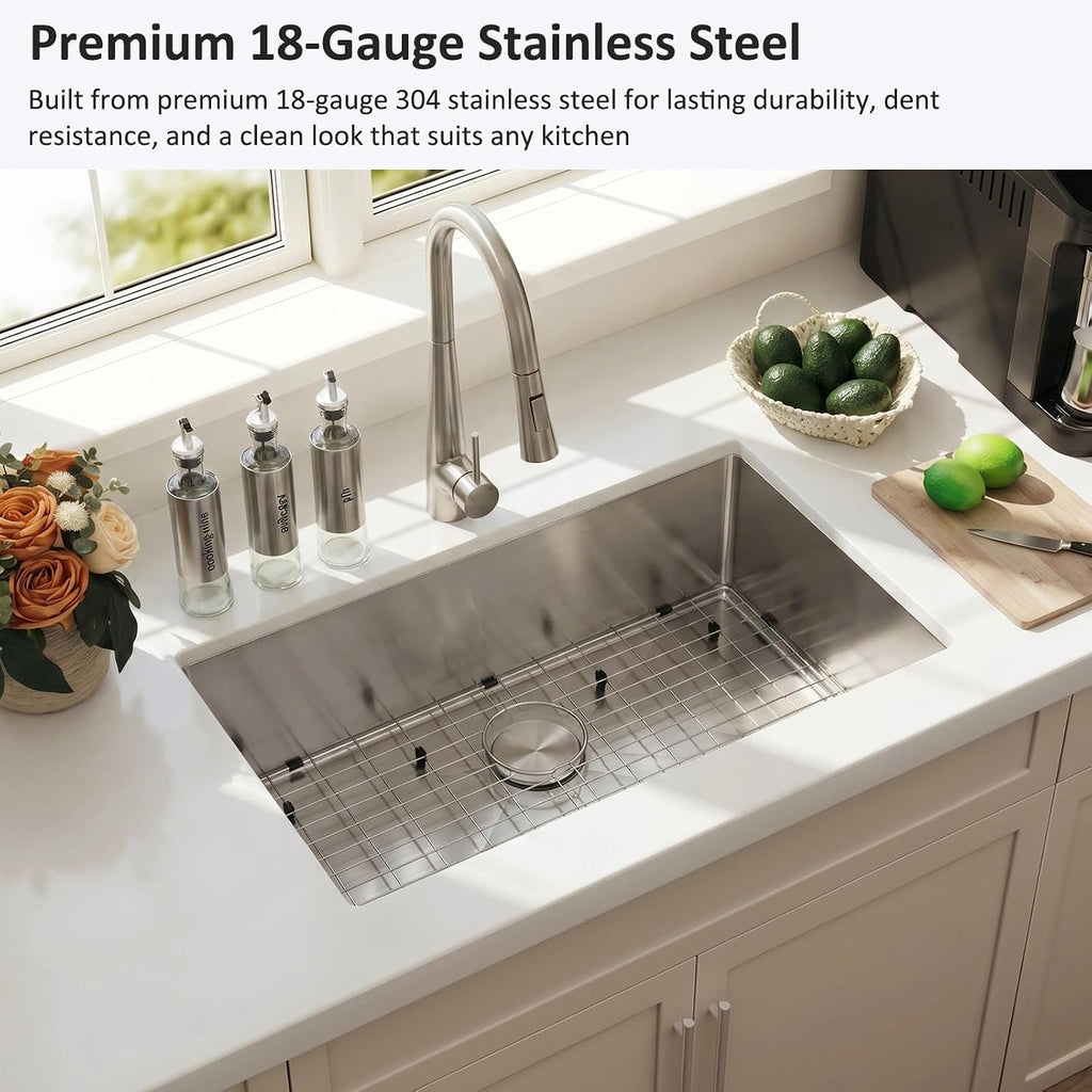32 Inch Undermount Kitchen Sink, 32x18 Kitchen Sink Undermount, Single Bowl Undermount Sink, 18 Gauge 304 Stainless