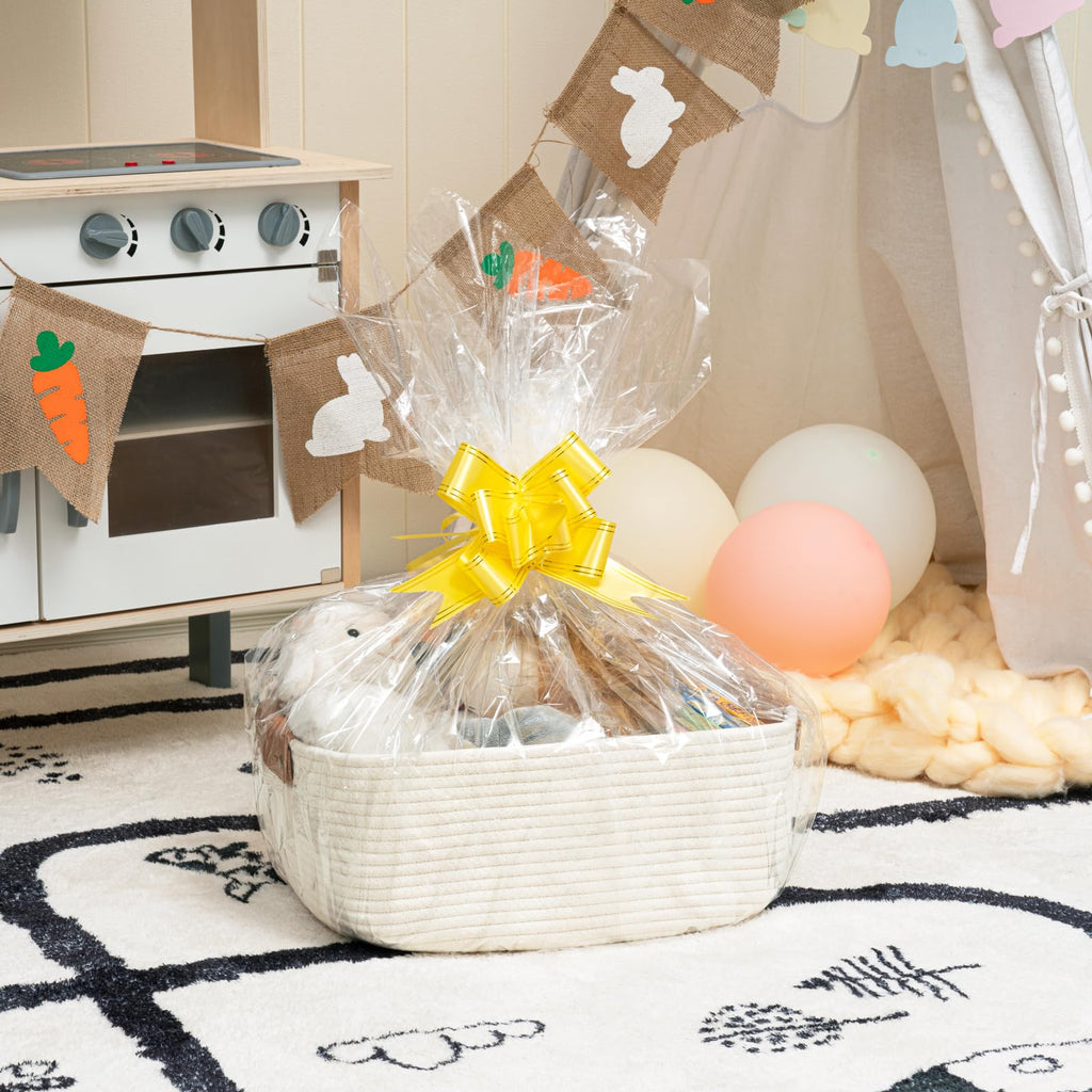 Large Woven Rope Gift Basket with Leather Handles, 20L, White