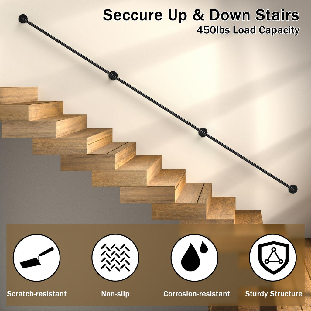 10FT Stair Handrail 440LB Wall-Mount Metal Rail Indoor Outdoor