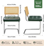 Modern Dining Chairs Set of 2, Faux Leather Upholstered Dining Room Chairs with Cane Rattan Back and Metal Legs, Boho Kitchen Chairs, Green