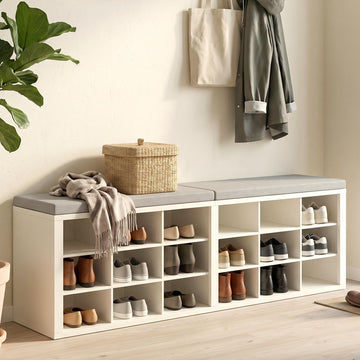 Shoe Rack Bench, Shoe Storage Bench with Cushion, Shoe Organizer 18 Cubbies Hallway Bedroom Living Room, Holds Up to