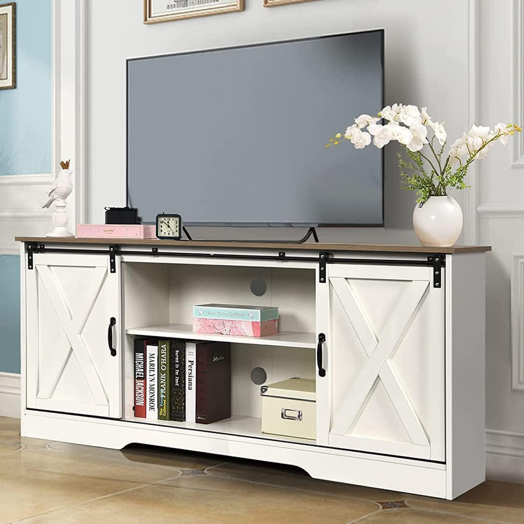 Farmhouse TV Stand for 65 Inch TV, Sliding Barn Doors, White